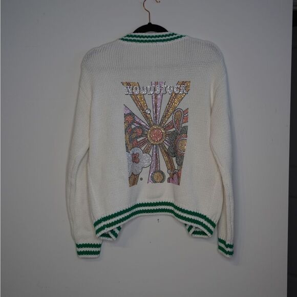 Woodstock Rhinestone White and Green Sweater Cardigan with Graphic Design - Picture 1 of 1